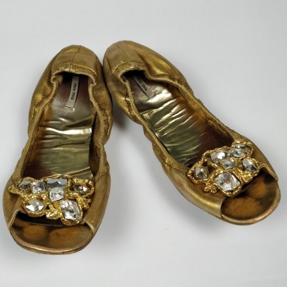 Miu Miu Prada Jeweled Embellished Peep Toe Ballet Flats Shoes Gold 38 EU - Picture 5 of 11